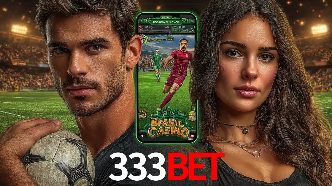 Homem segurando uma bola de futebol e uma mulher ao lado de um smartphone exibindo o jogo de apostas esportivas da 333bet. Faça seu palpite no cassino online.